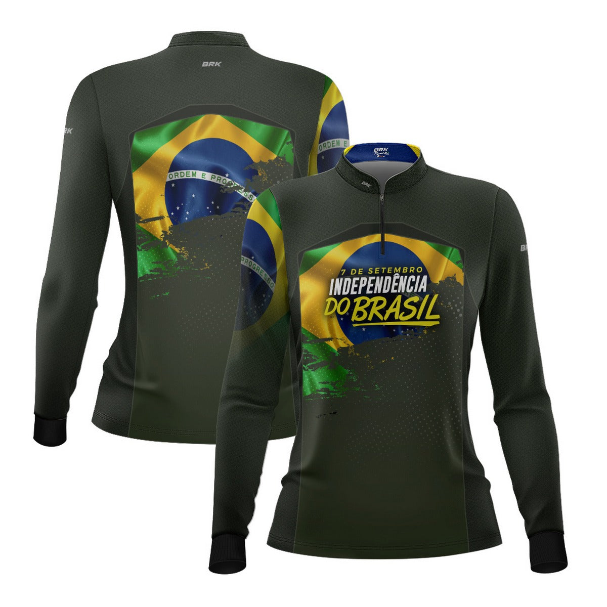 Camisa de Motociclismo Feminina Brk Independência do Brasil Verde Oliva com Proteção Solar UV50+