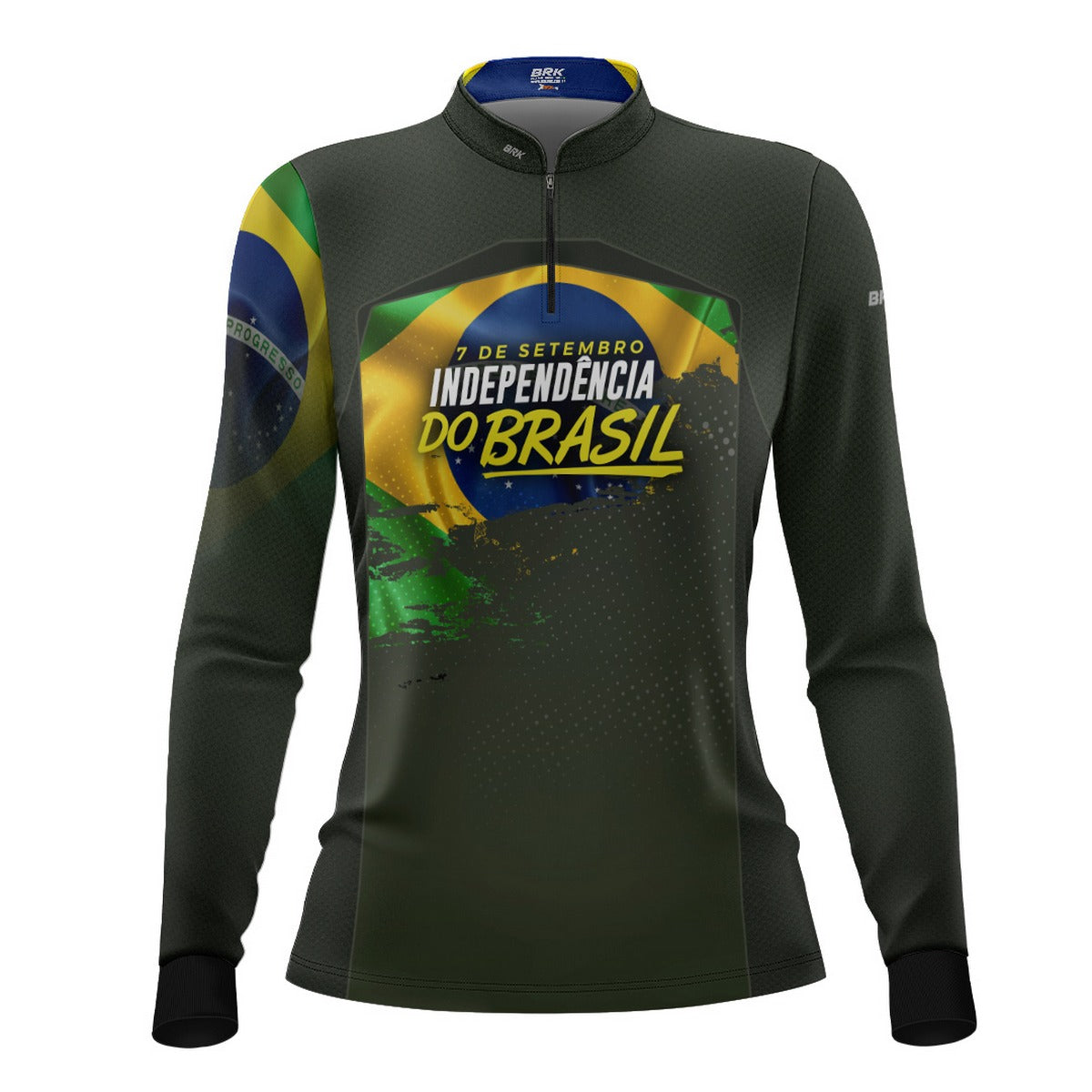Camisa de Motociclismo Feminina Brk Independência do Brasil Verde Oliva com Proteção Solar UV50+