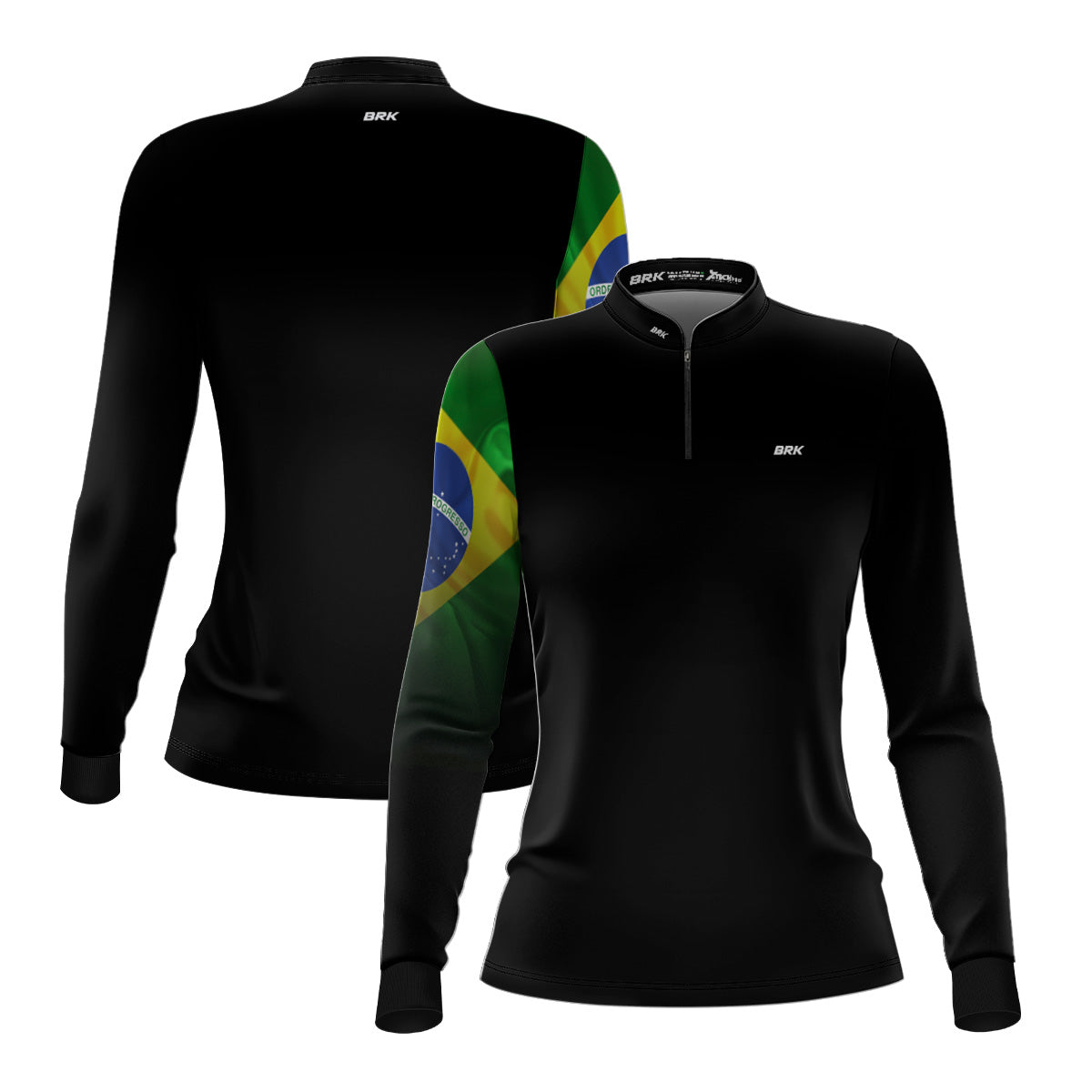 Kit Camisas UV50 Casal Preta Bandeira do Brasil