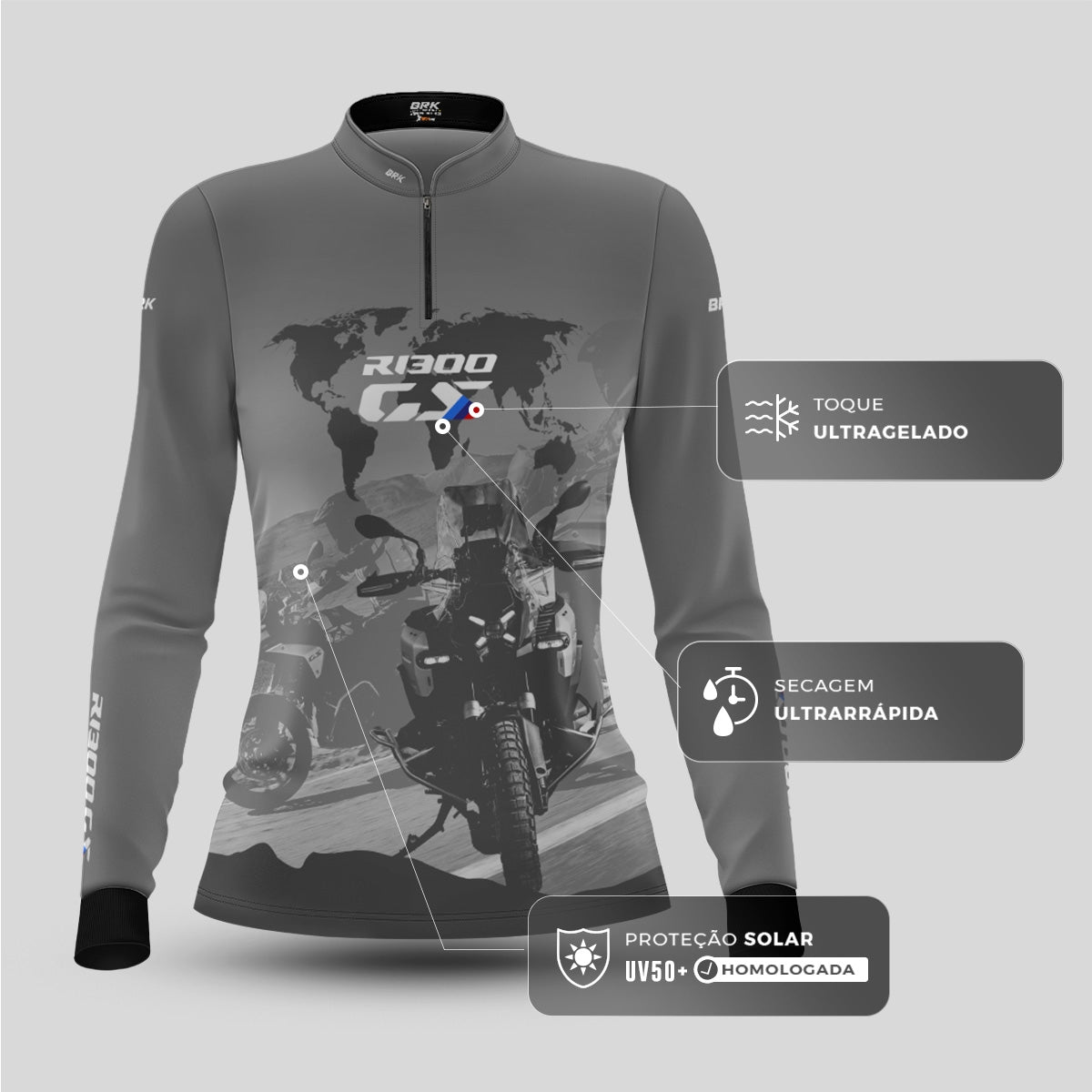 Kit Casal Camisas UV50 GS R1300 Mapa Mundi com Proteção UV50