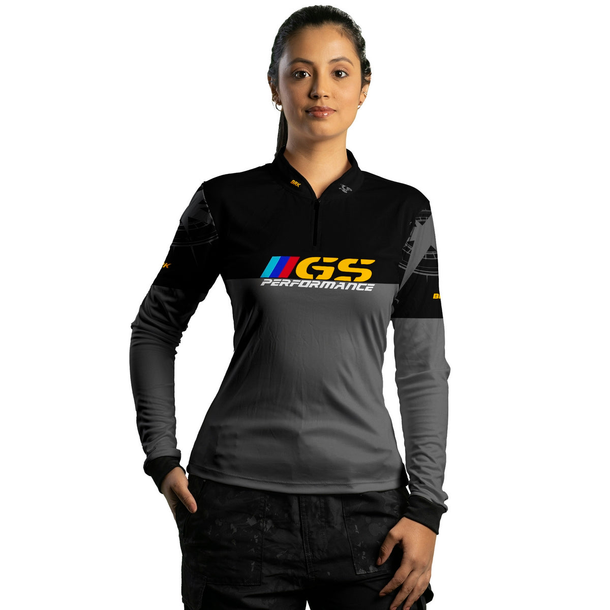 Camisa Feminina Brk Motociclismo GS BMW Performance Cinza e Preto com Proteção Solar UV50+