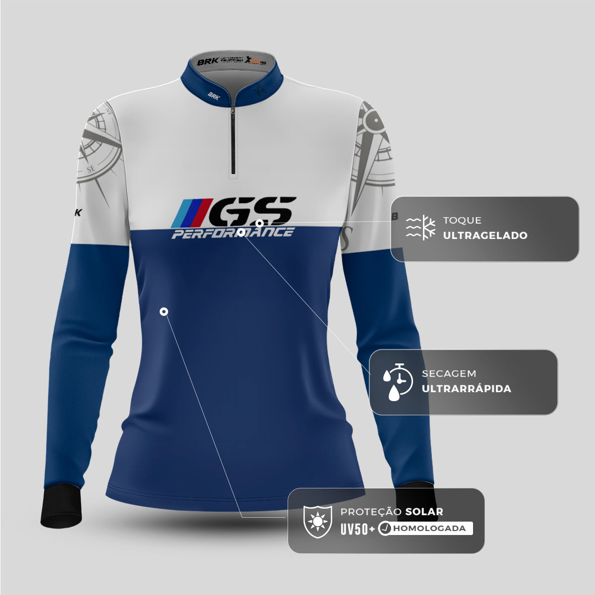 Camisa Feminina Motociclismo Brk GS BMW Performance Azul com Proteção Solar UV50+
