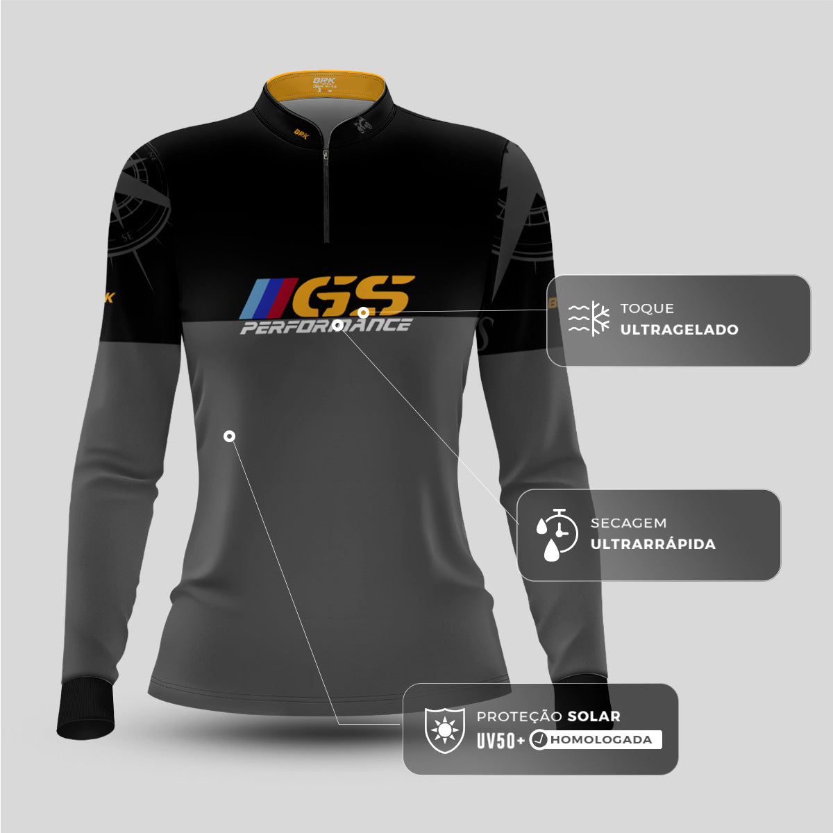 Camisa Feminina Brk Motociclismo GS BMW Performance Cinza e Preto com Proteção Solar UV50+