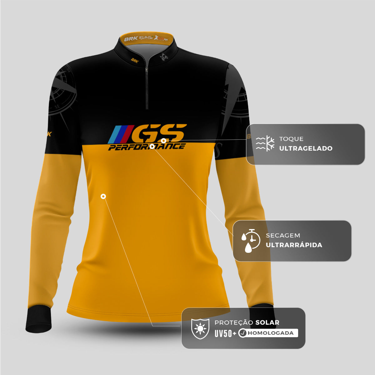 Camisa Feminina Motociclismo Brk GS BMW Performance Amarela e Preto com Proteção Solar UV50+