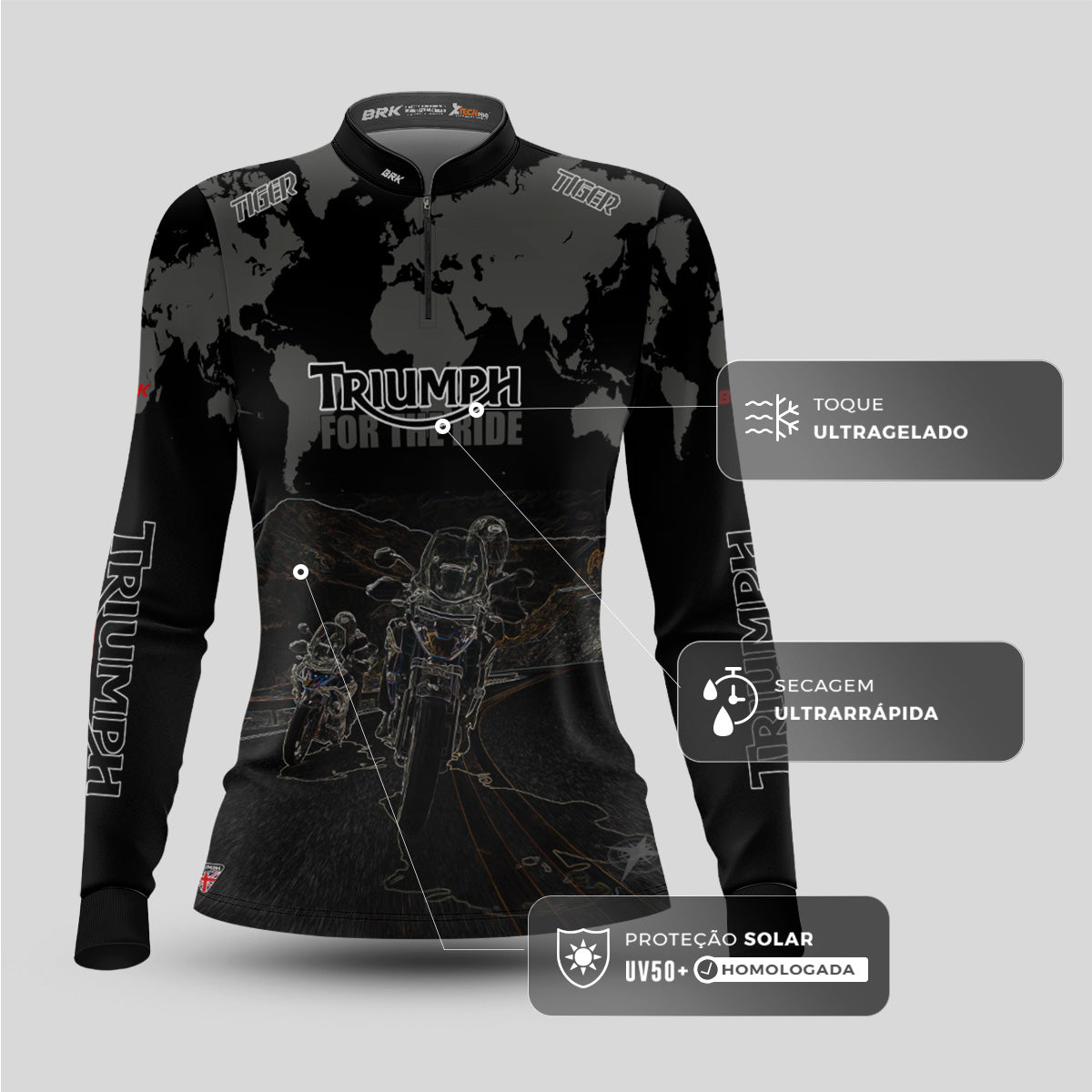 Camisa Feminina Motociclismo Brk Triumph Tiger for the Ride com Proteção Solar UV50+