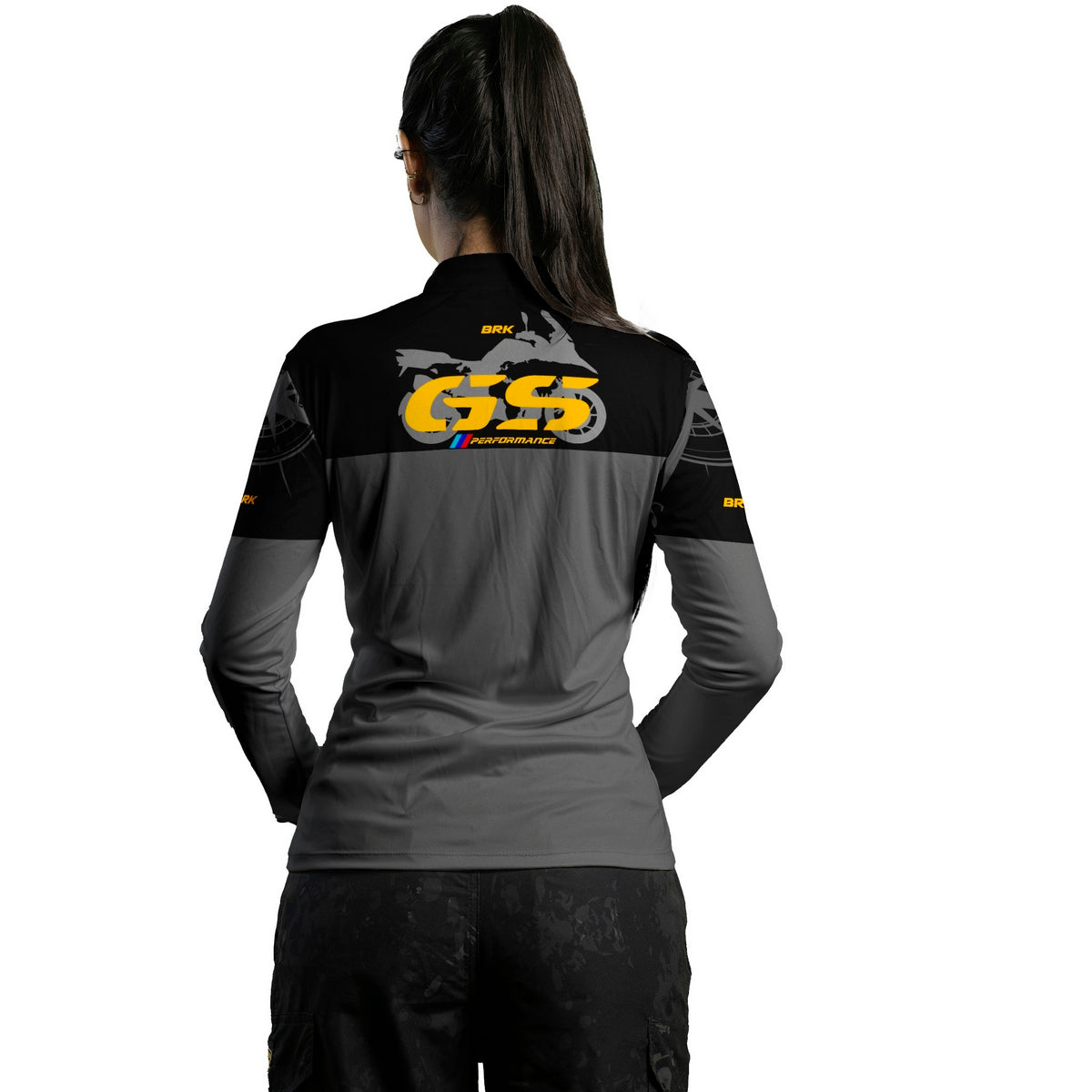 Camisa Feminina Brk Motociclismo GS BMW Performance Cinza e Preto com Proteção Solar UV50+