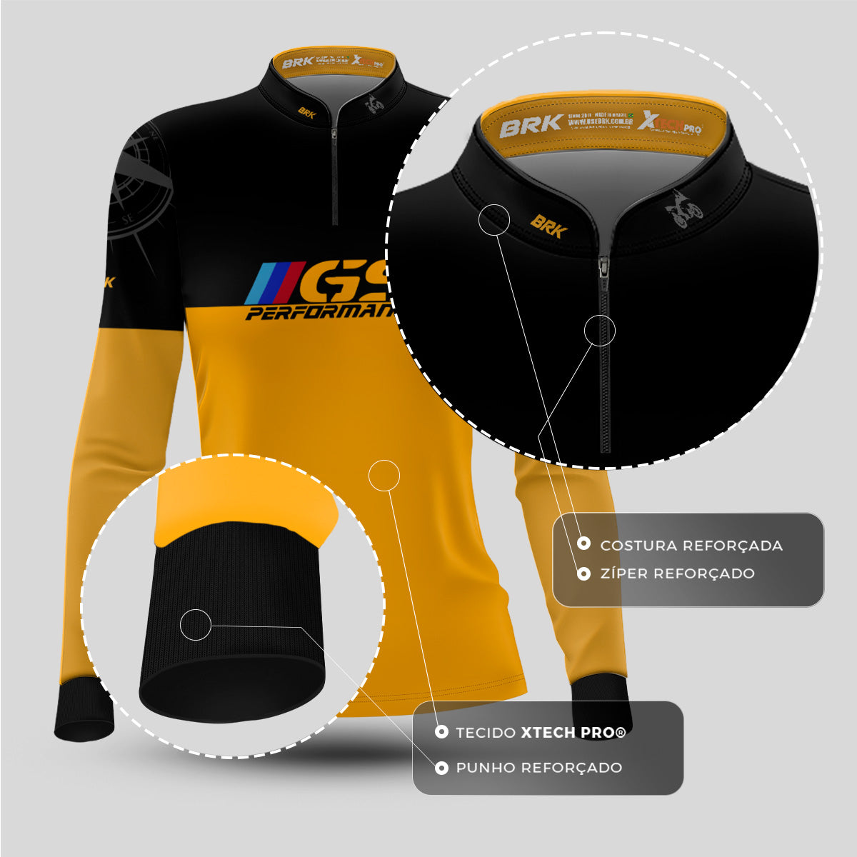 Camisa Feminina Motociclismo Brk GS BMW Performance Amarela e Preto com Proteção Solar UV50+