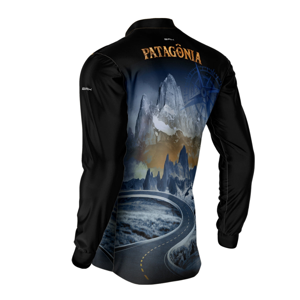 Camisa de Motociclismo Brk Patagônia Preta e Azul com Proteção Solar UV50+