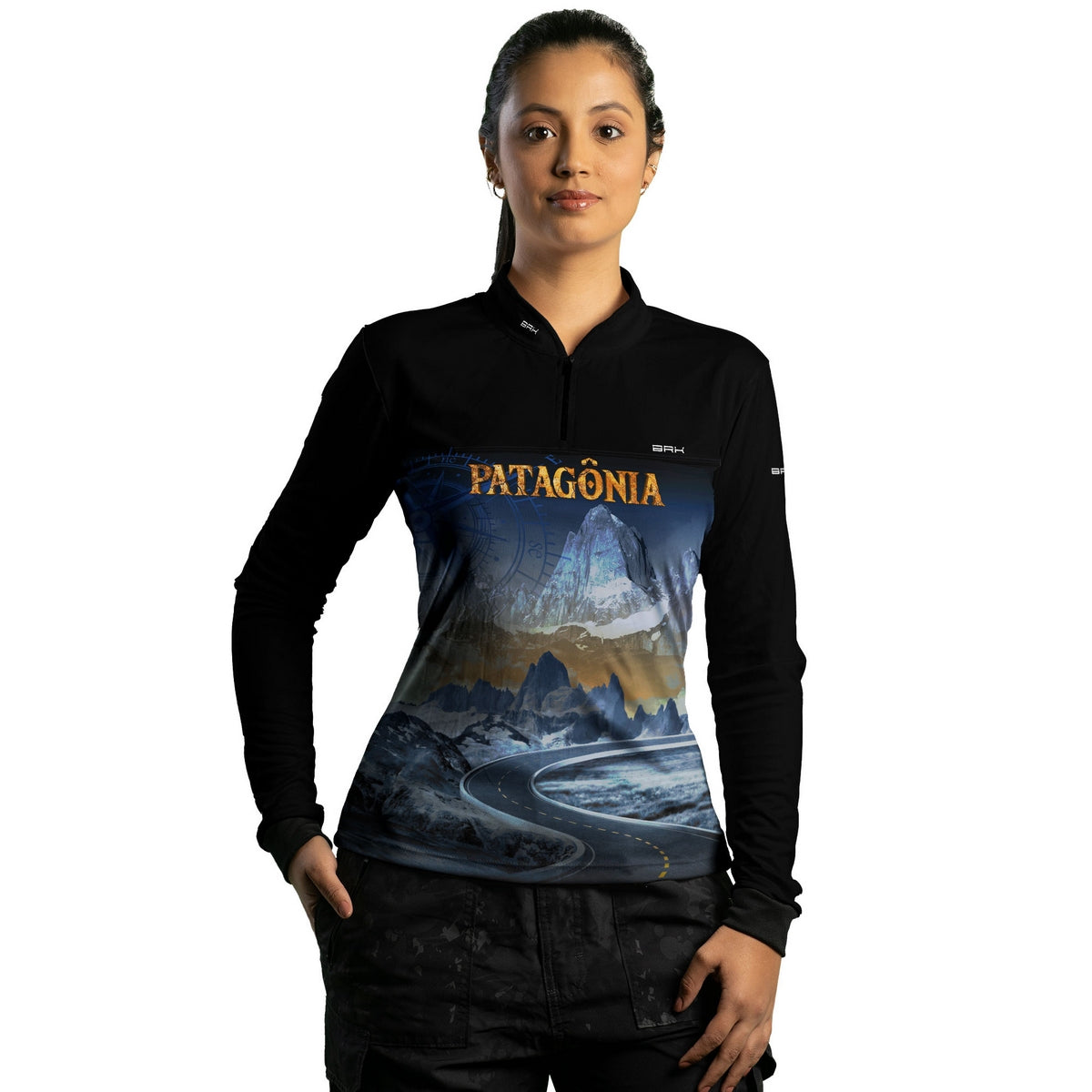 Camisa de Motociclismo Feminina Brk Patagônia Preta e Azul com Proteção Solar UV50+