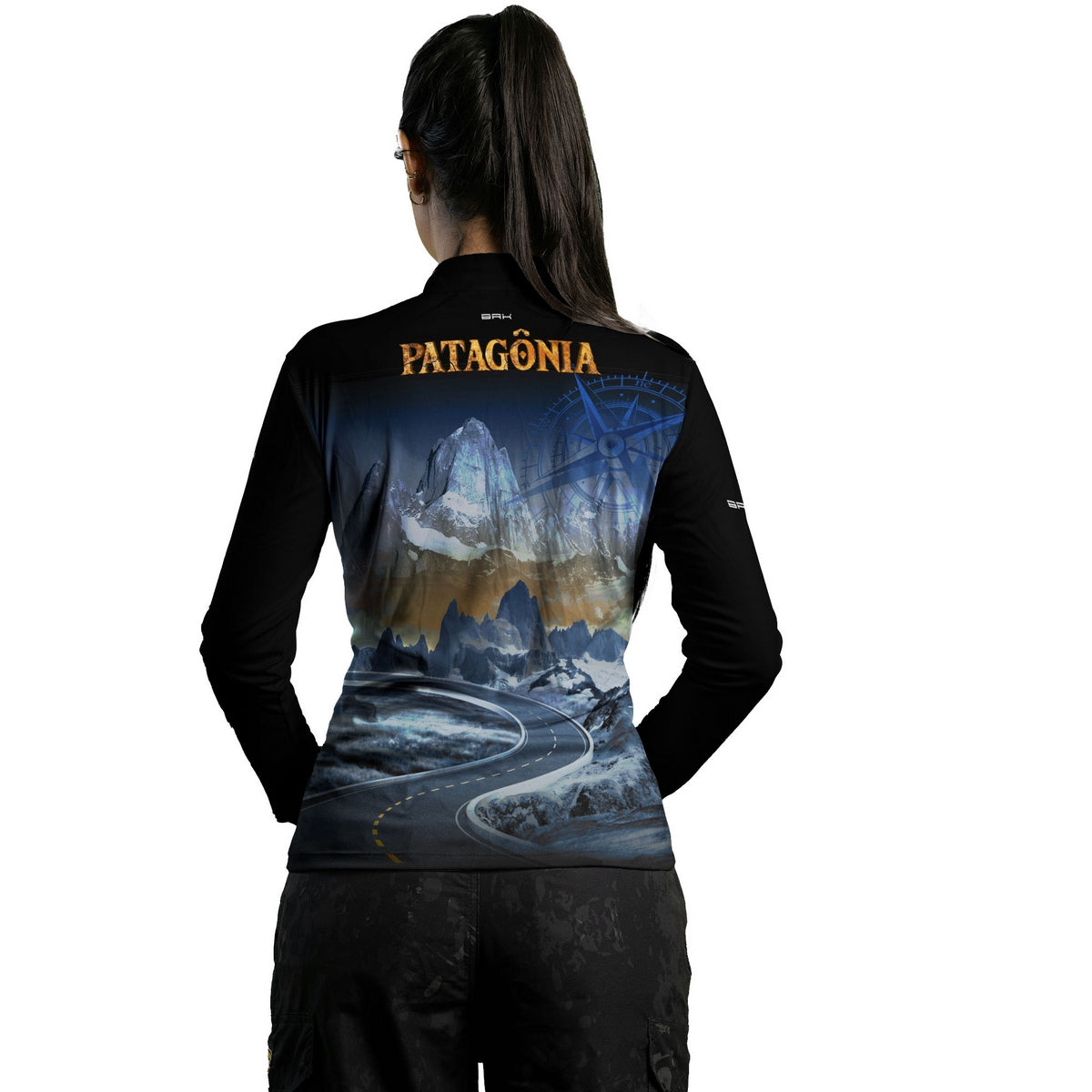 Camisa de Motociclismo Feminina Brk Patagônia Preta e Azul com Proteção Solar UV50+