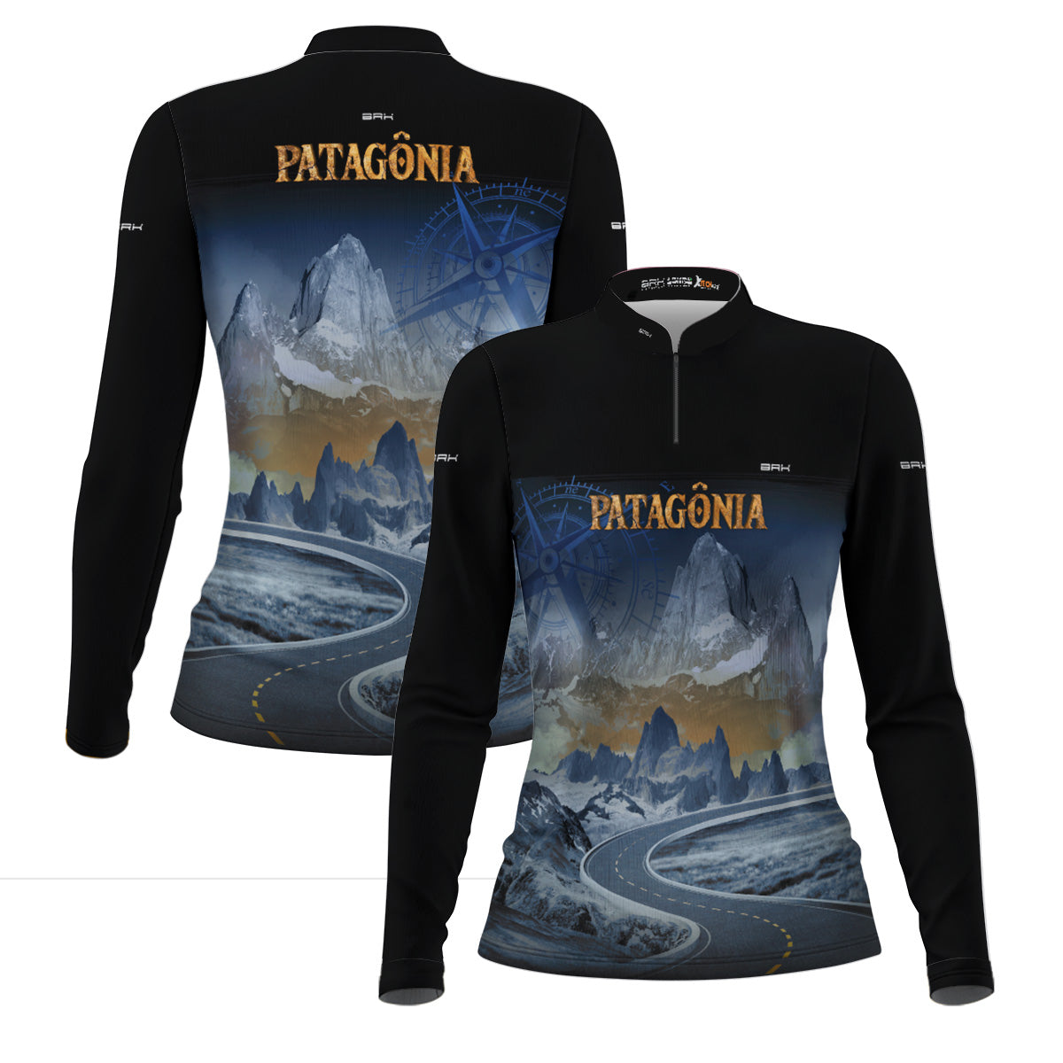 Camisa de Motociclismo Feminina Brk Patagônia Preta e Azul com Proteção Solar UV50+