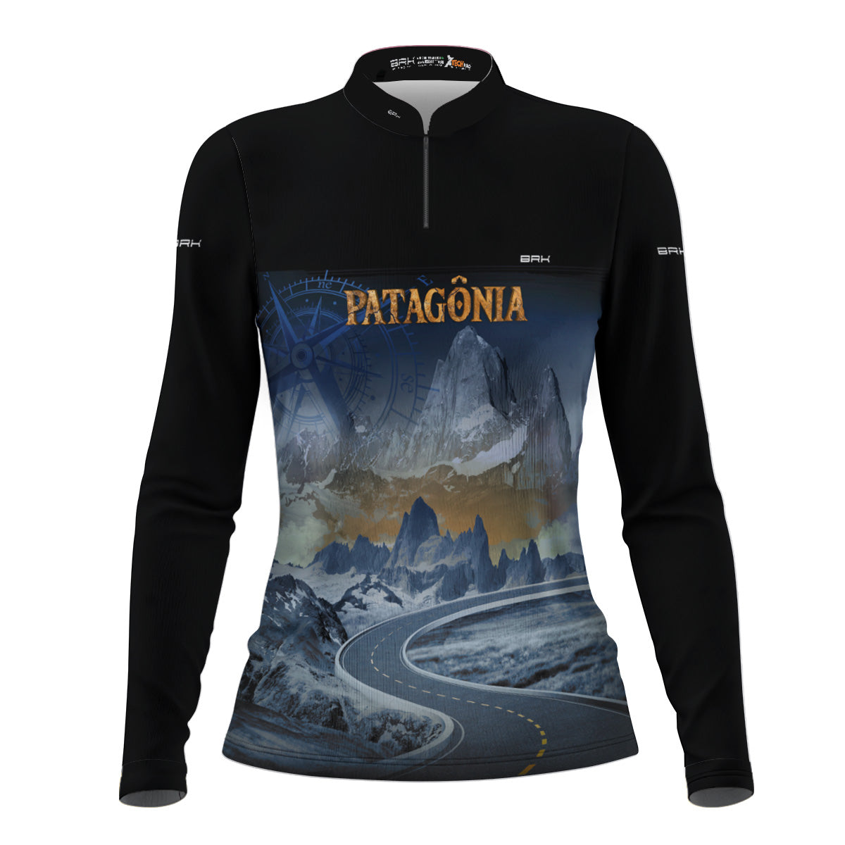 Camisa de Motociclismo Feminina Brk Patagônia Preta e Azul com Proteção Solar UV50+
