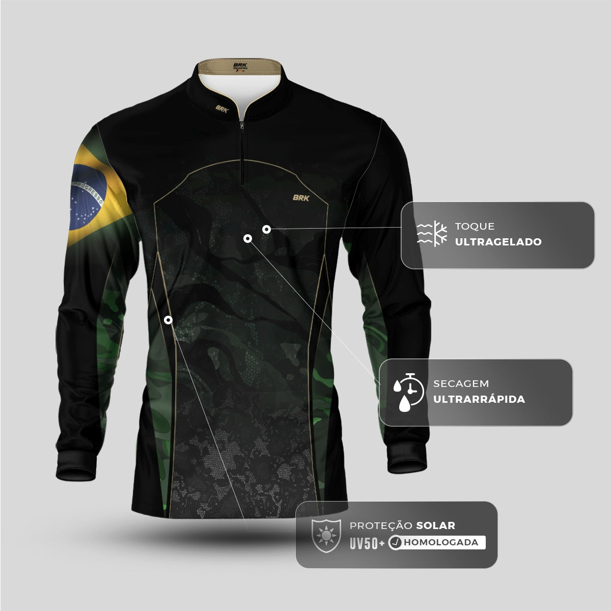 Camisa Agro Brk Camuflada Bandeira do Brasil com Proteção Solar UV50+