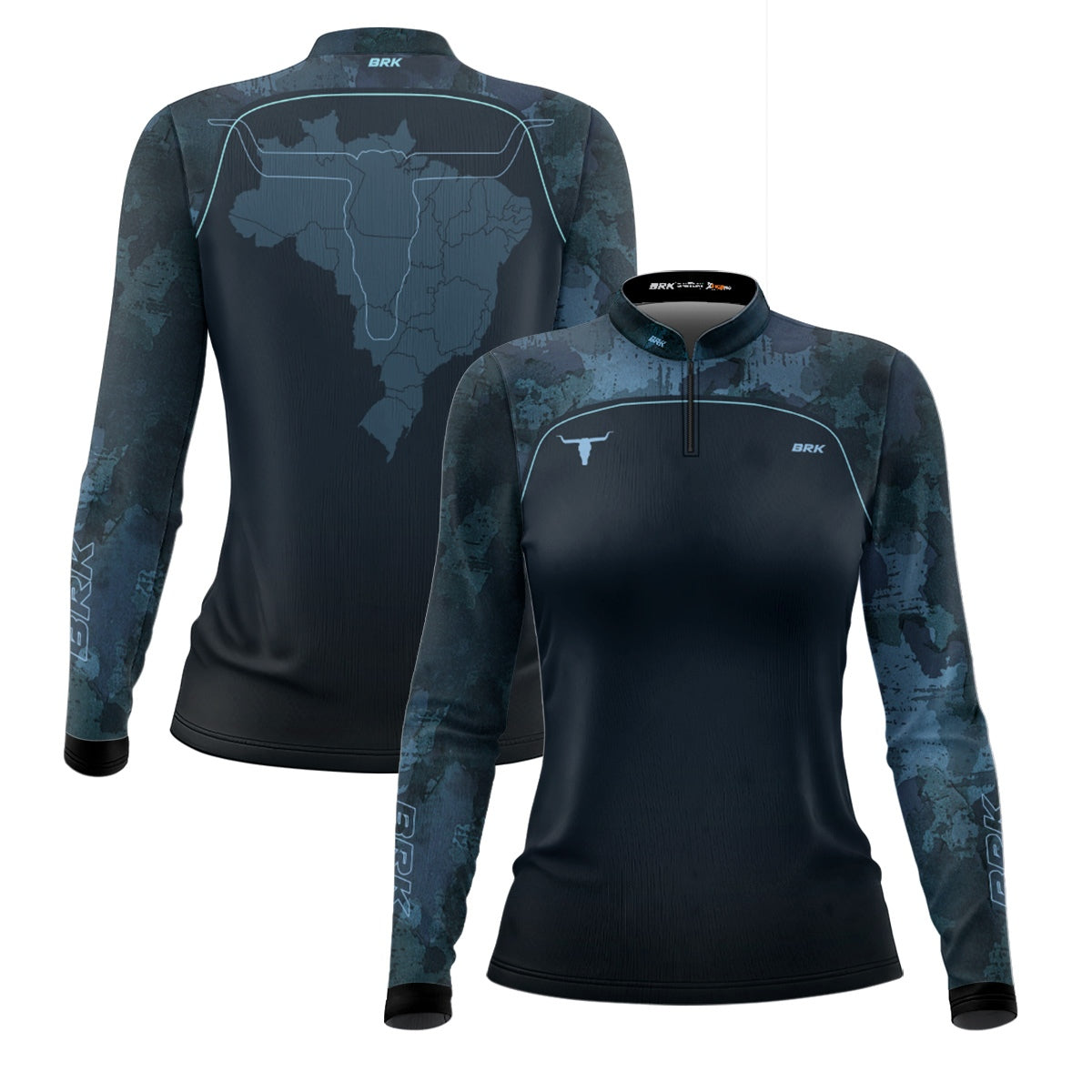Camisa Agro Feminina Brk Camuflado Long Horn Brasil Azul com Proteção Solar UV50+