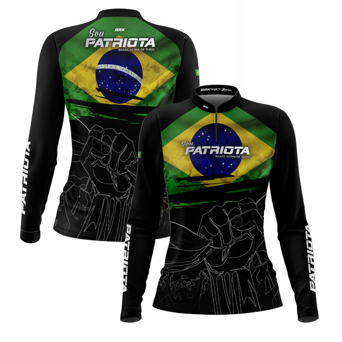 Camisa Agro Feminina Brk Básica Patriota Preta Bandeira do Brasil com Proteção UV50+