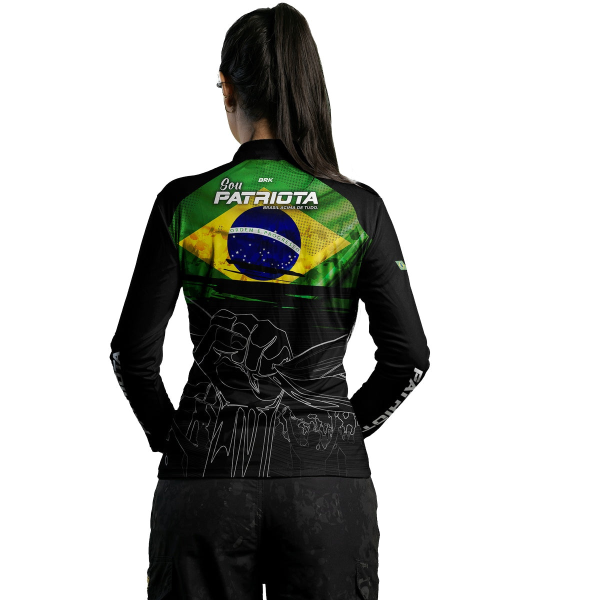 Camisa Agro Feminina Brk Básica Patriota Preta Bandeira do Brasil com Proteção UV50+
