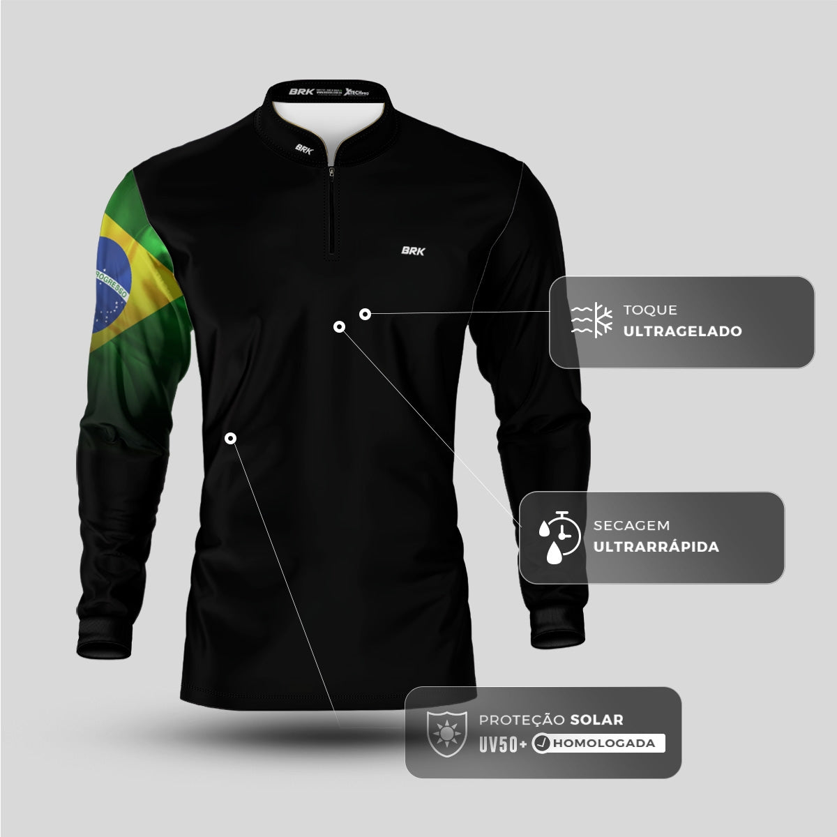 Camisa de Motociclismo Brk Preta Bandeira do Brasil com Proteção Solar UV50+