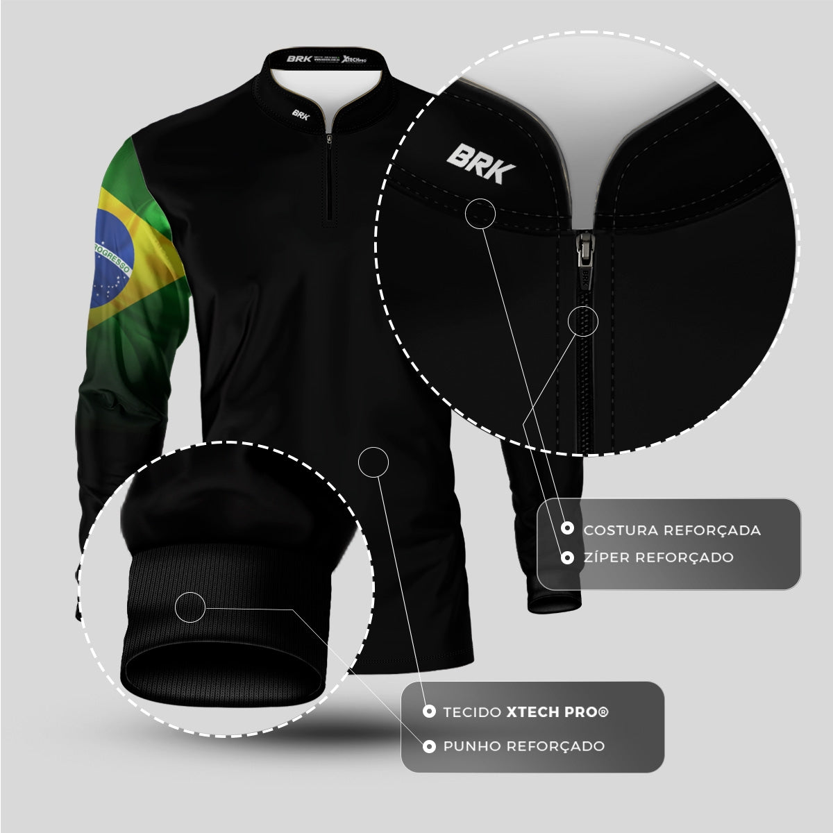 Camisa de Motociclismo Brk Preta Bandeira do Brasil com Proteção Solar UV50+