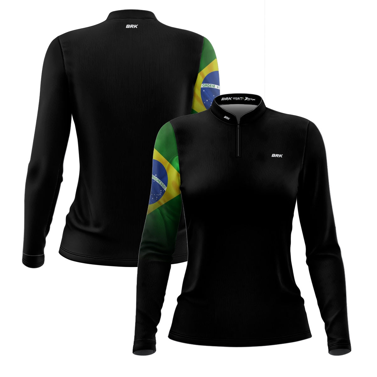 Camisa Feminina Preta Básica Bandeira do Brasil com UV50 - Envio Imediato