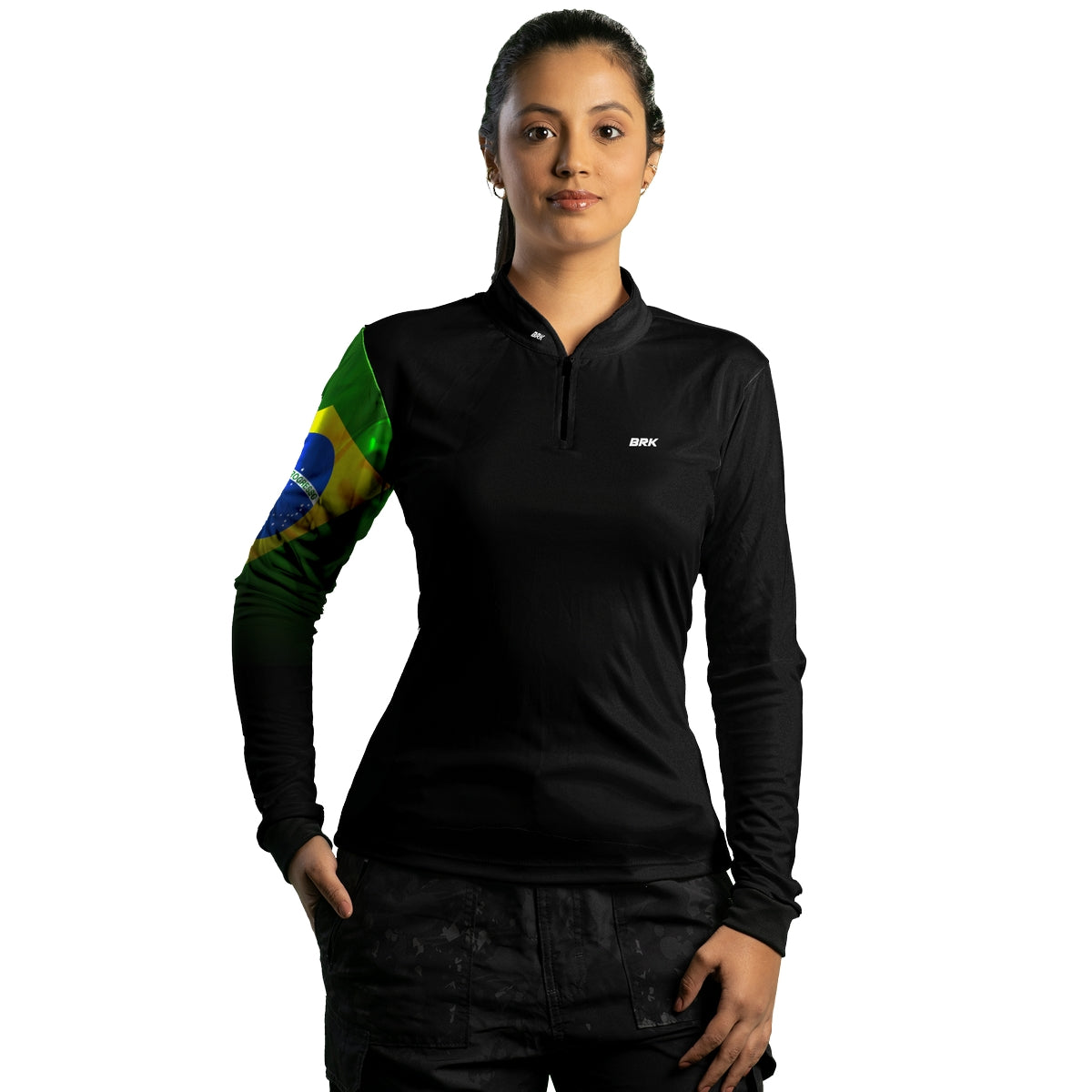 Camisa de Motociclismo Feminina Brk Preta Bandeira do Brasil com Proteção Solar UV50+