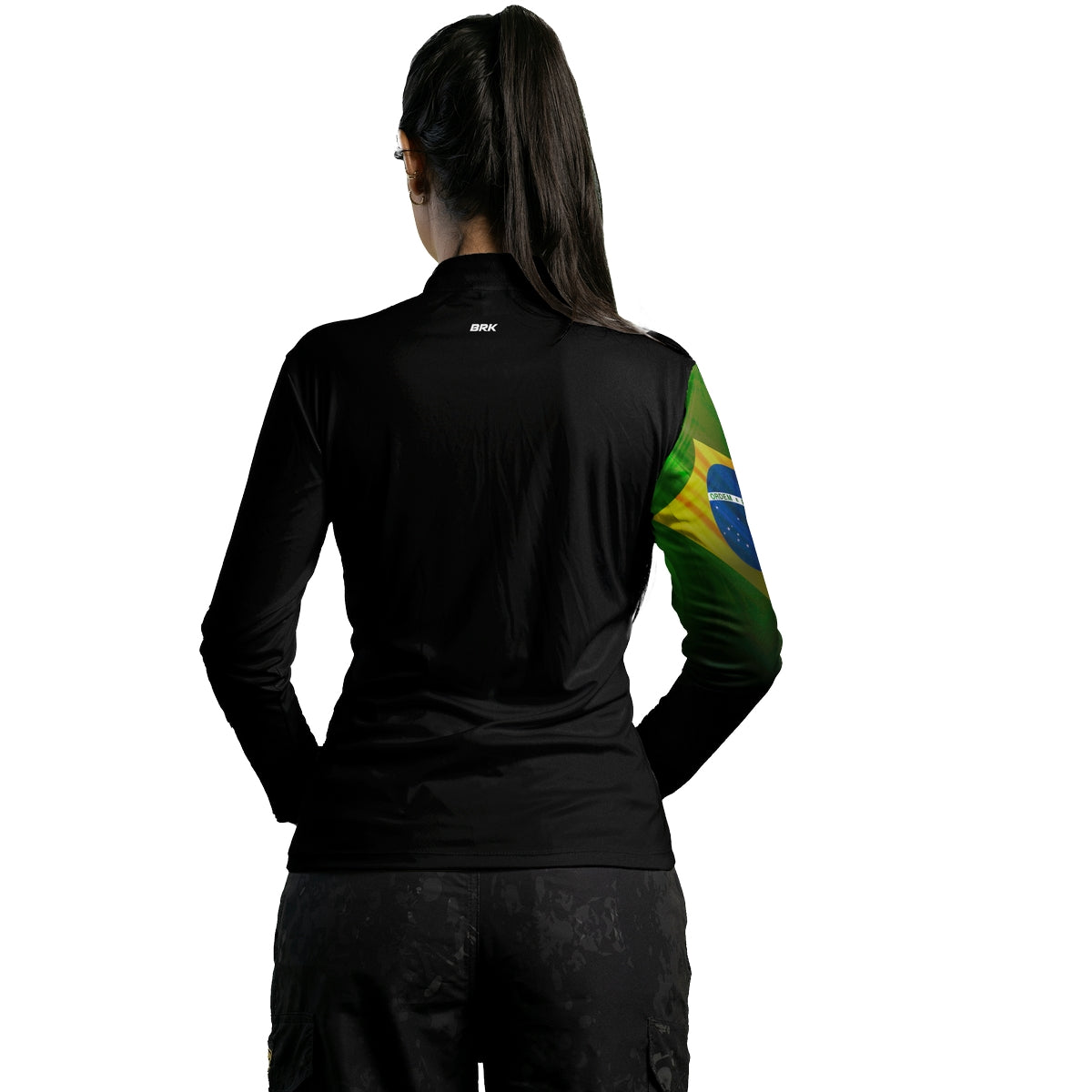 Camisa de Motociclismo Feminina Brk Preta Bandeira do Brasil com Proteção Solar UV50+