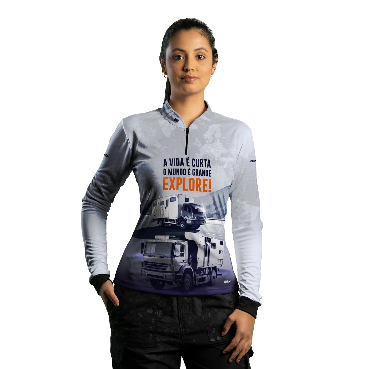 Camisa de Motociclismo Feminina Brk Off Road Motorhome Explore Branca com Proteção Solar UV50+