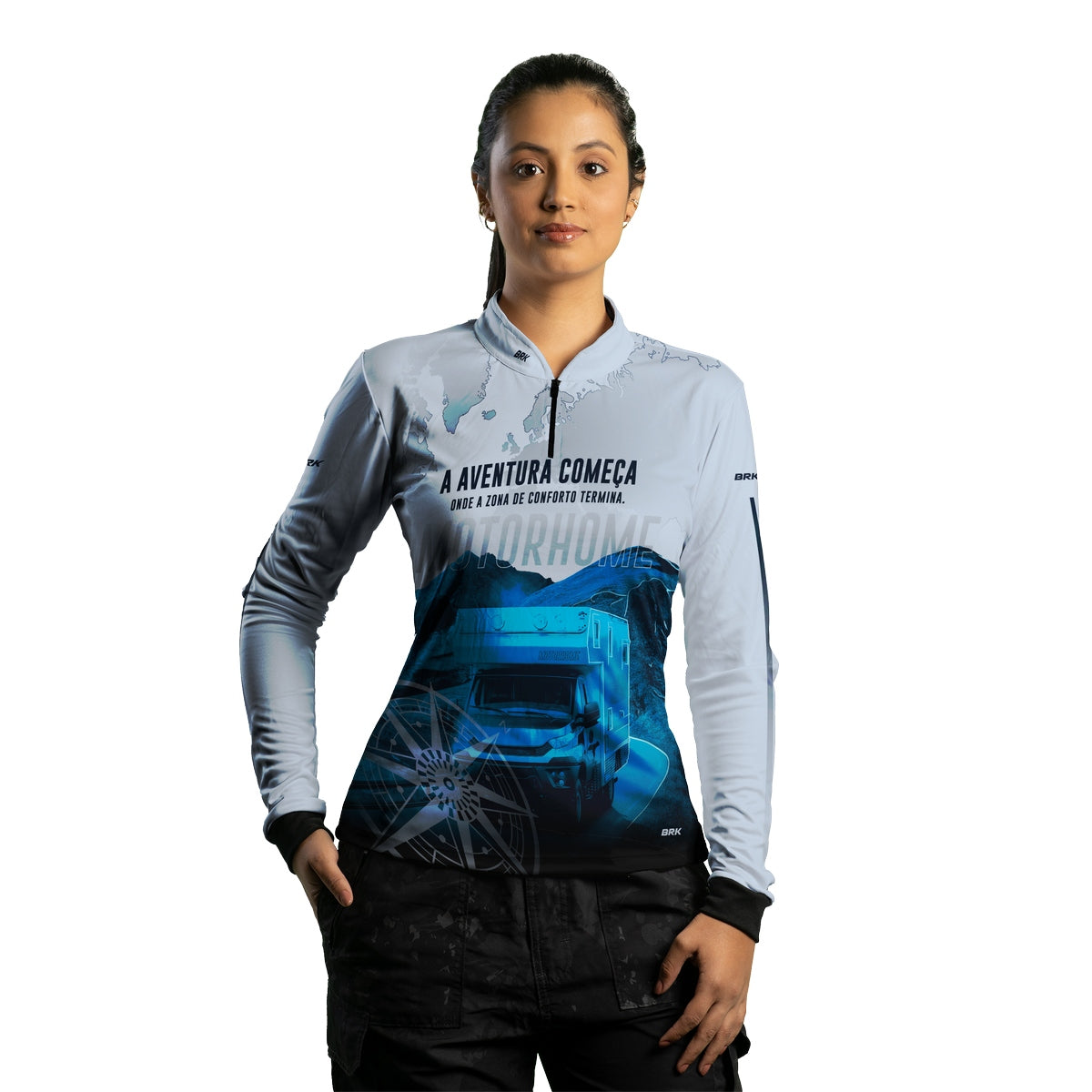Camisa de Motociclismo Feminina Brk Trailer Motorhome Branca com Proteção Solar UV50+