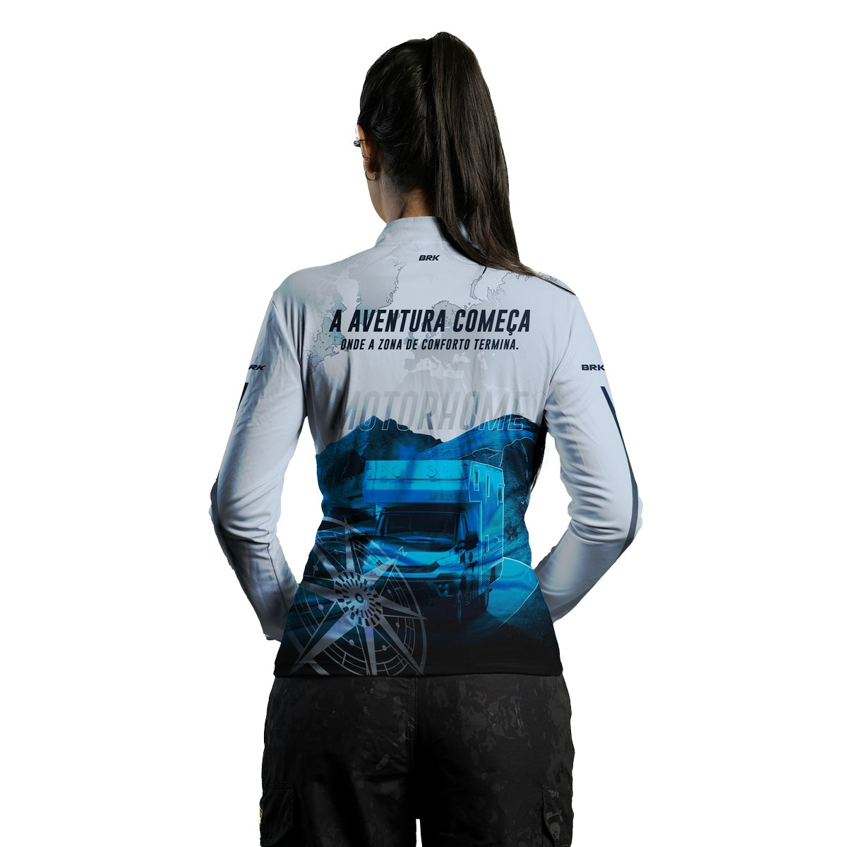 Camisa de Motociclismo Feminina Brk Trailer Motorhome Branca com Proteção Solar UV50+