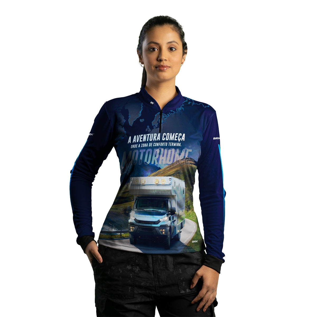 Camisa de Motociclismo Feminina Brk Trailer Motorhome Azul com Proteção Solar UV50+
