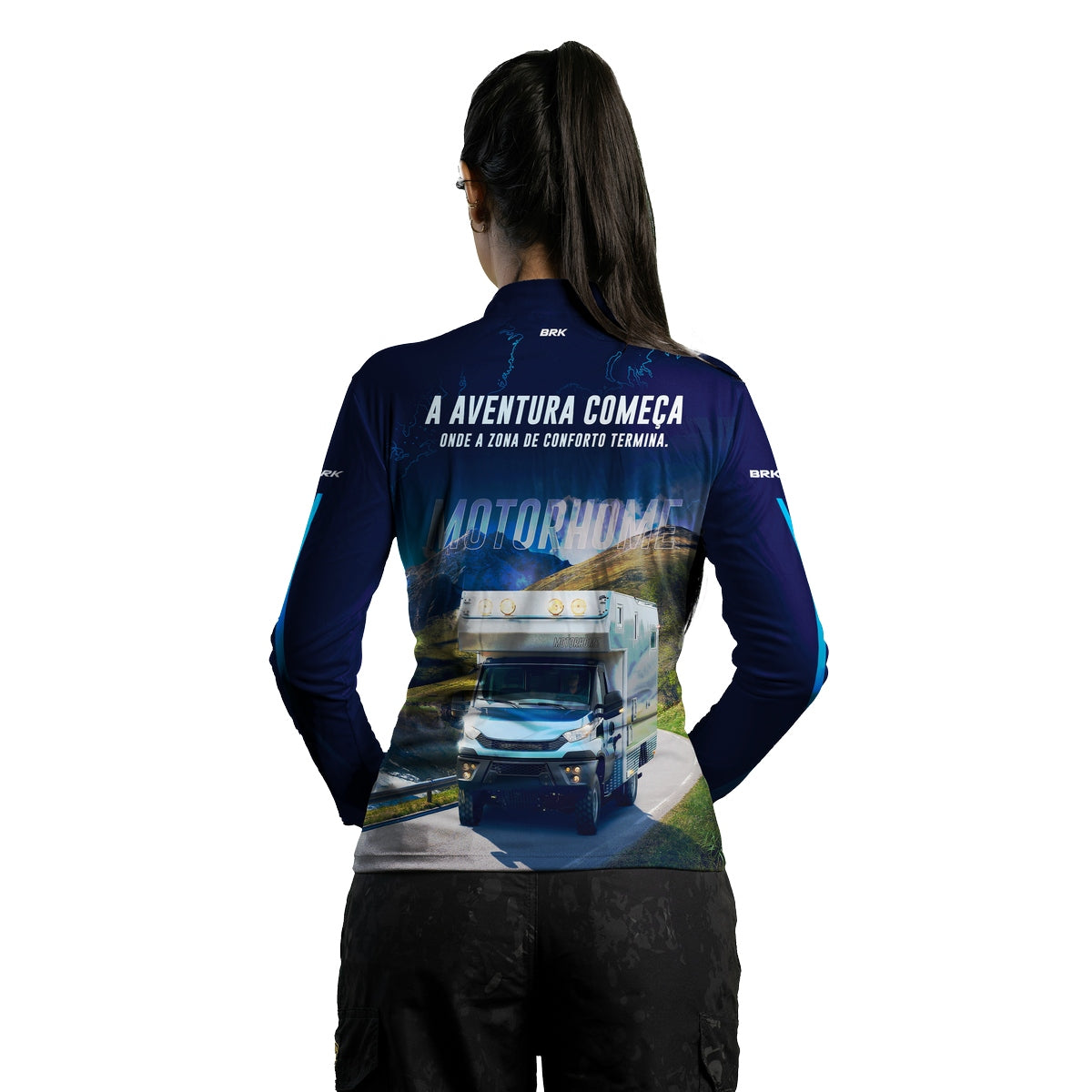 Camisa de Motociclismo Feminina Brk Trailer Motorhome Azul com Proteção Solar UV50+