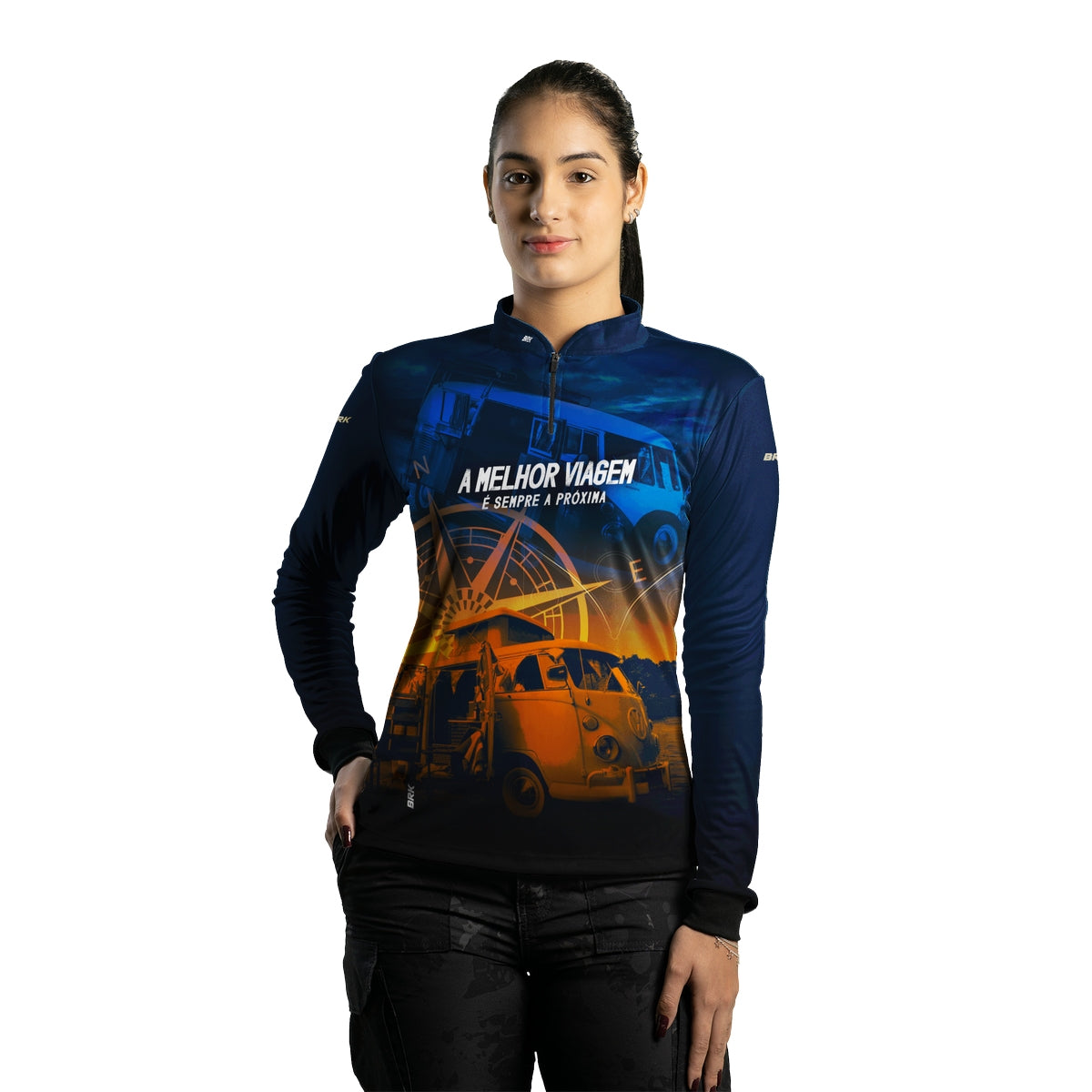 Camisa de Motociclismo Feminina Brk Kombi Motorhome Azul com Proteção Solar UV50+