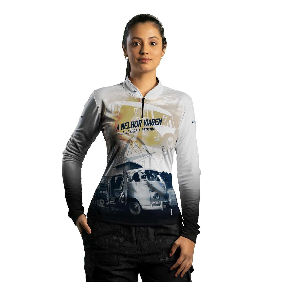 Camisa de Motociclismo Feminina Brk Kombi Motorhome Branca com Proteção Solar UV50+
