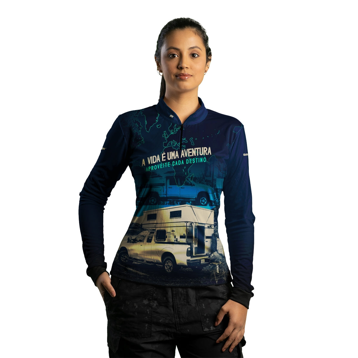 Camisa de Motociclismo Feminina Brk Caminhonete Motorhome Azul com Proteção Solar UV50+