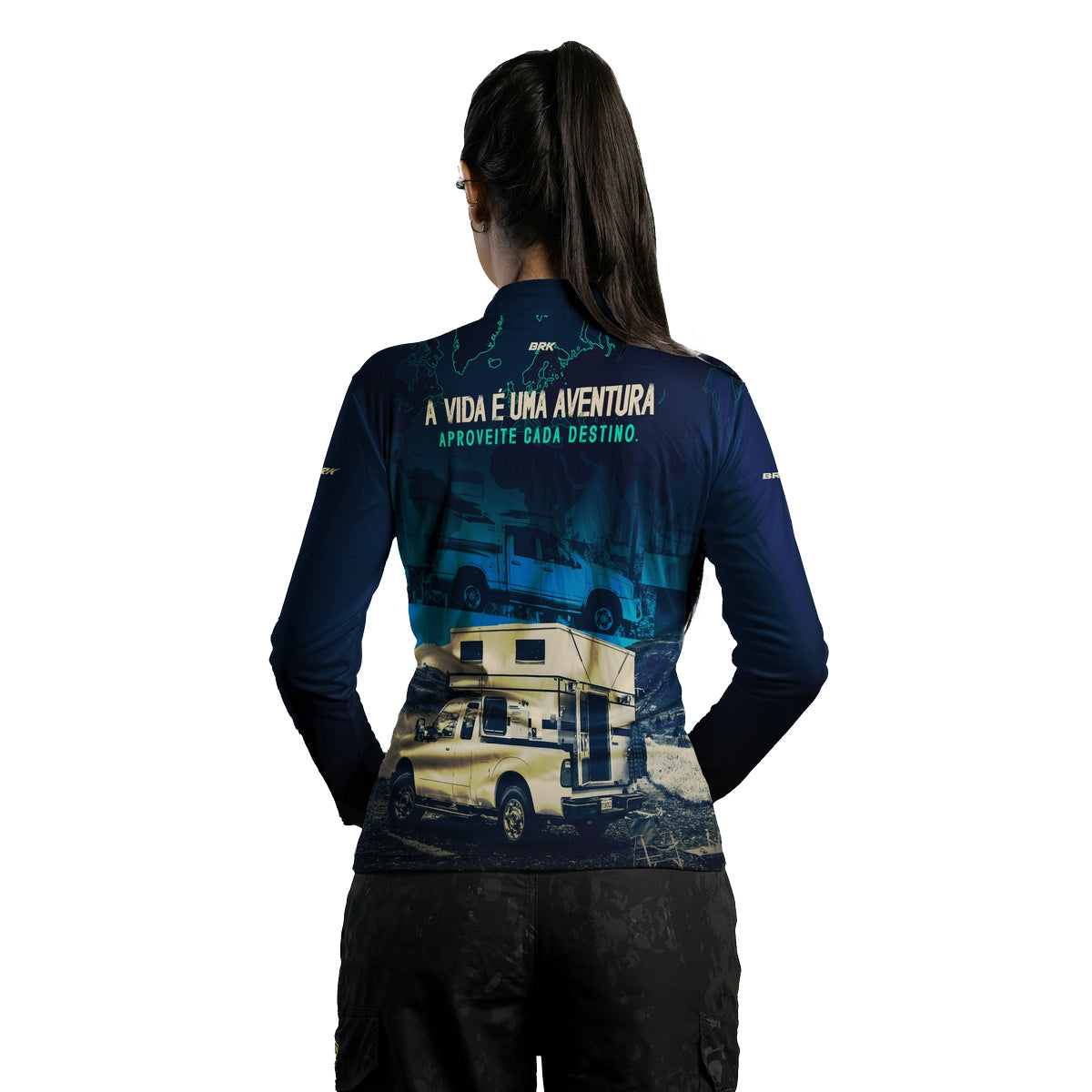 Camisa de Motociclismo Feminina Brk Caminhonete Motorhome Azul com Proteção Solar UV50+