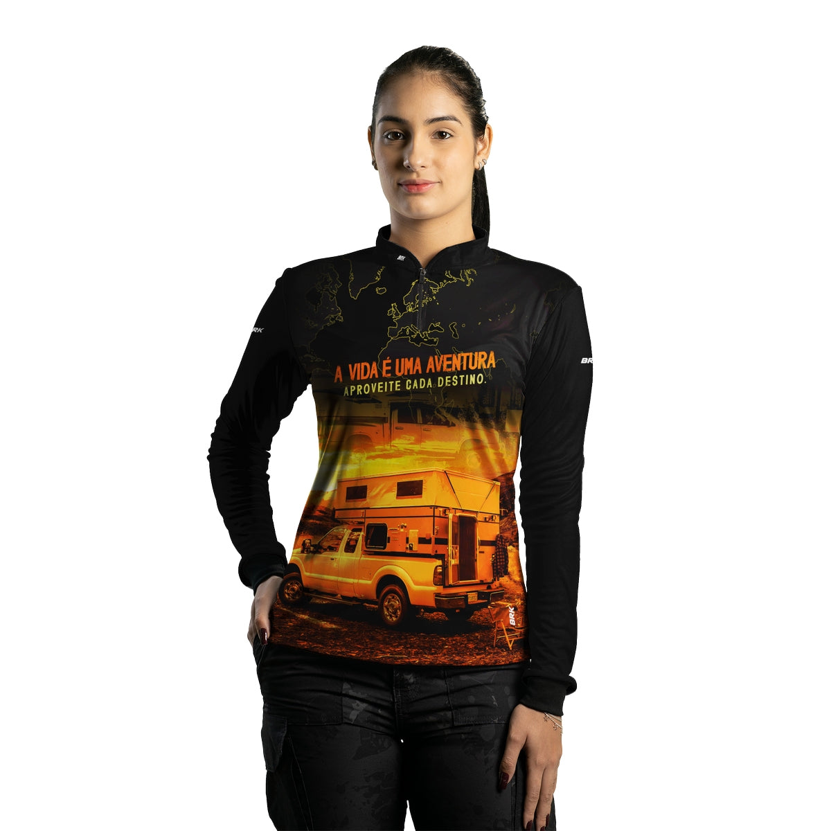 Camisa de Motociclismo Feminina Brk Caminhonete Motorhome Laranja com Proteção Solar UV50+