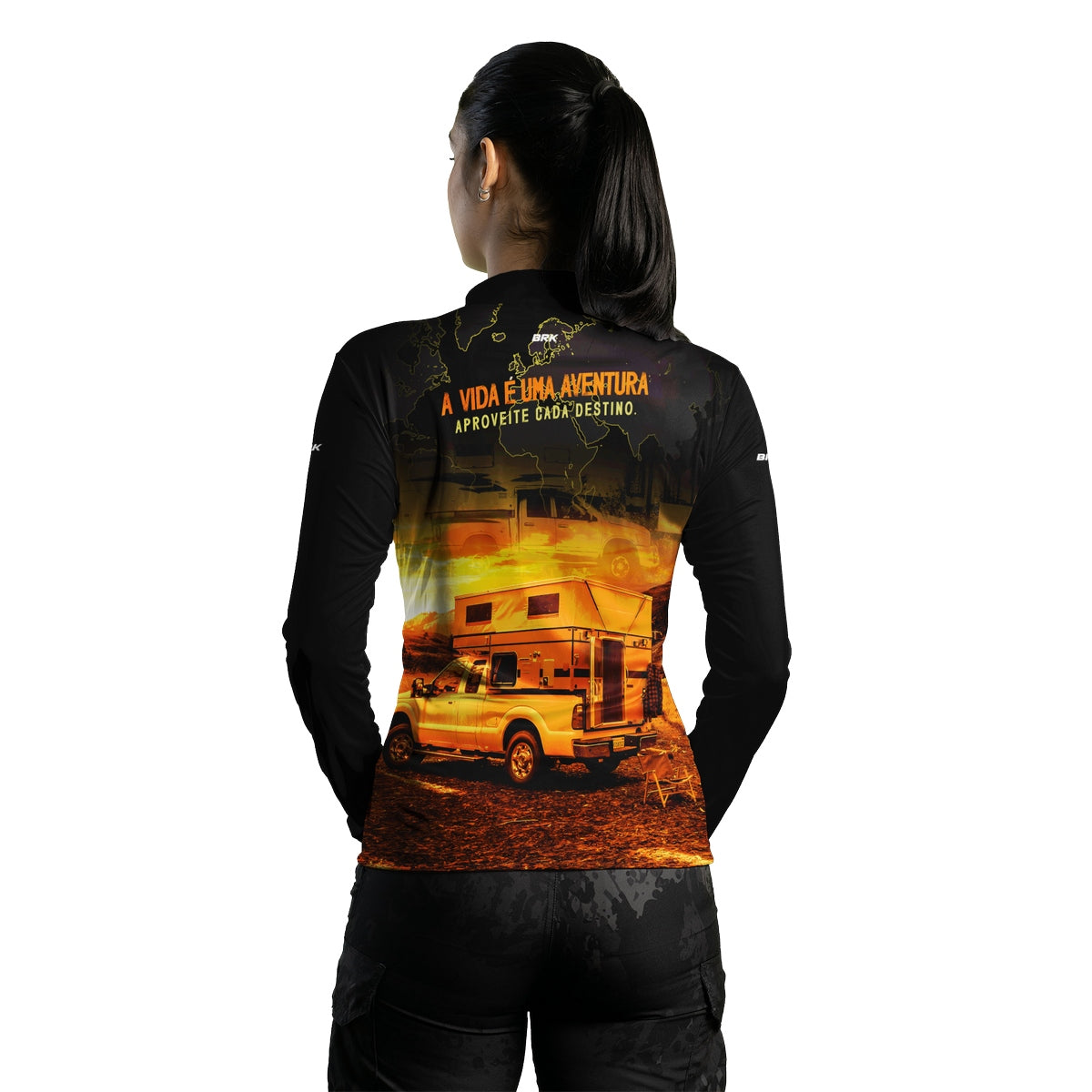 Camisa de Motociclismo Feminina Brk Caminhonete Motorhome Laranja com Proteção Solar UV50+