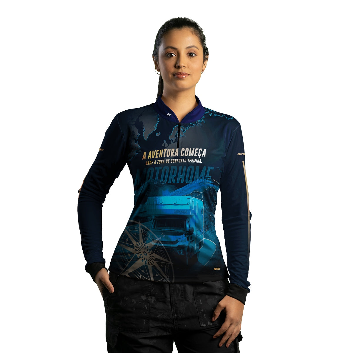 Camisa de Motociclismo Feminina Brk Motorhome Azul com Proteção Solar UV50+