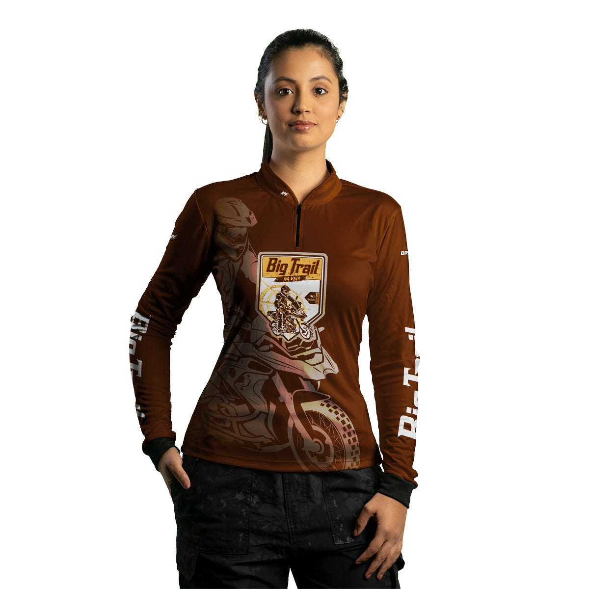 Camisa de Motociclismo Feminina Brk Big Trail Clean Marrom com Proteção Solar UV50+