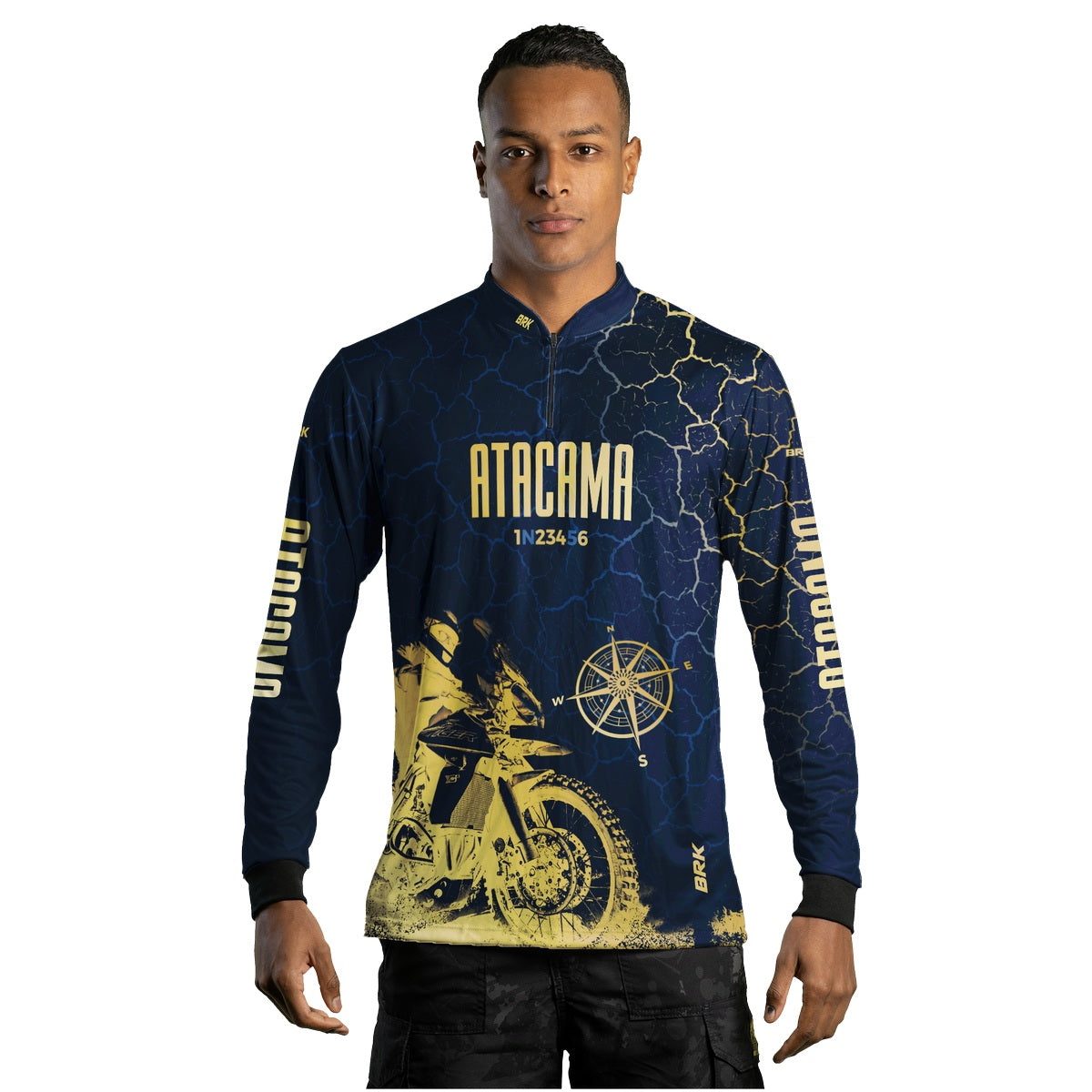 Camisa de Motociclismo Brk Atacama Chile Azul e Dourado com Proteção Solar UV50+