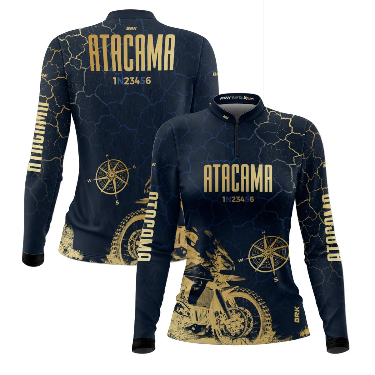 Camisa de Motociclismo Feminina Brk Atacama Chile Azul e Dourado com Proteção Solar UV50+