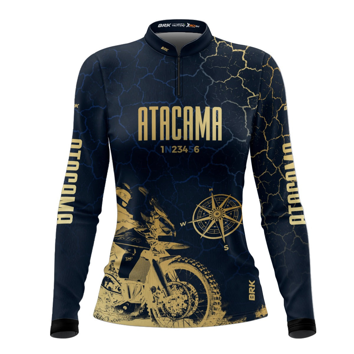 Camisa de Motociclismo Feminina Brk Atacama Chile Azul e Dourado com Proteção Solar UV50+