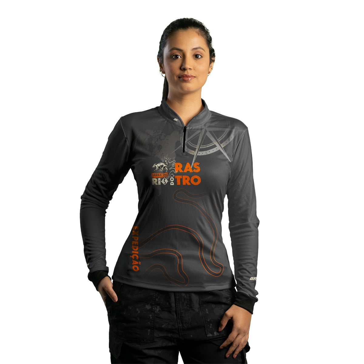 Camisa Feminina de Motociclismo Brk Expedição Serra do Rio Rastro Laranja e Cinza com Proteção Solar UV50+