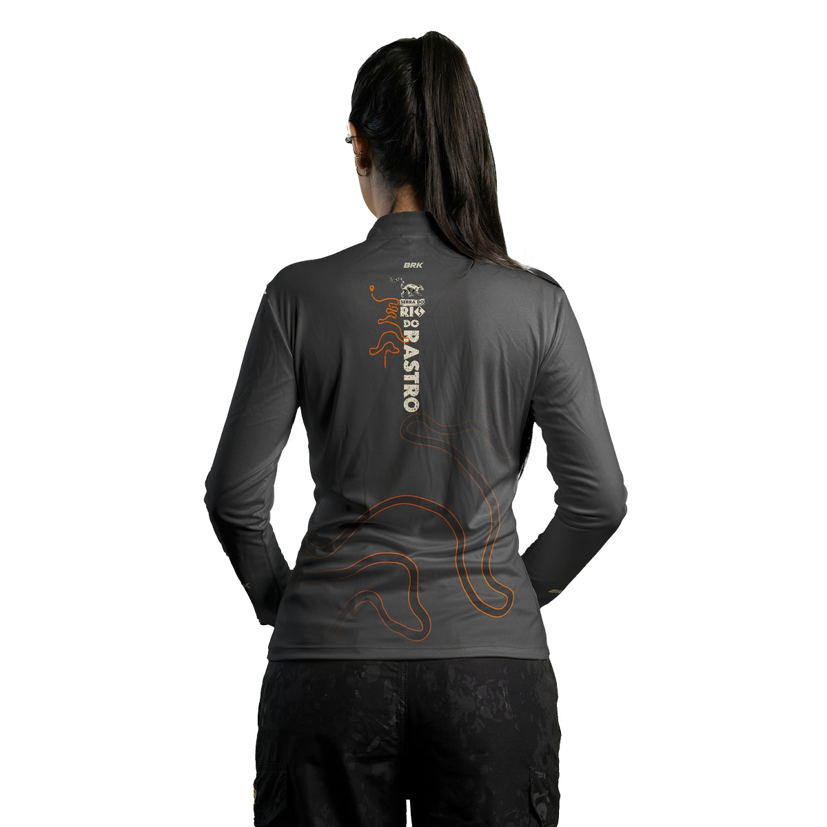 Camisa Feminina de Motociclismo Brk Expedição Serra do Rio Rastro Laranja e Cinza com Proteção Solar UV50+
