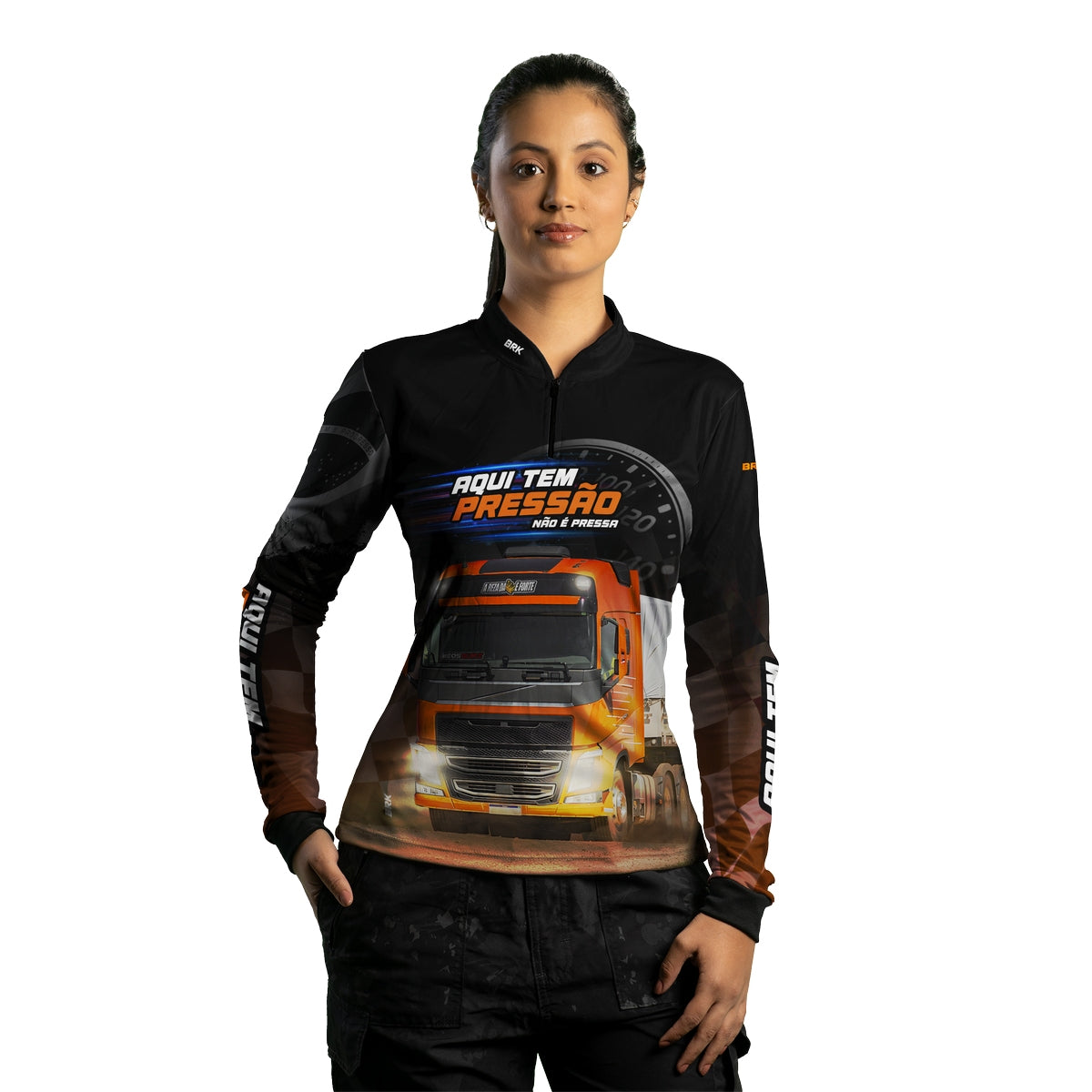 Camisa de Caminhão Feminina Brk Aqui Tem Pressão com UV50+