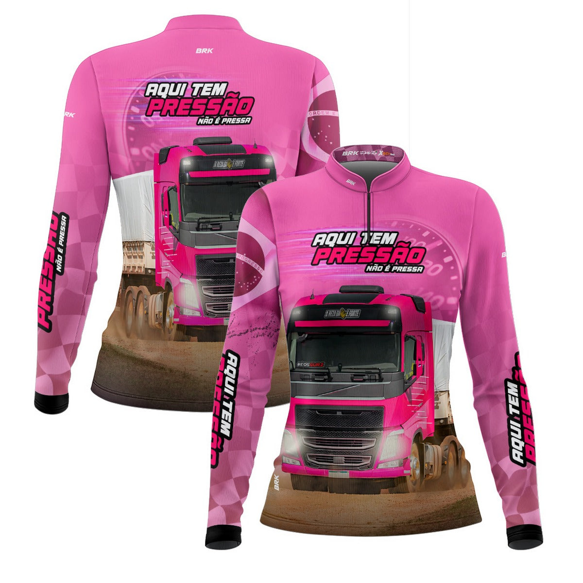Camisa de Caminhão Feminina Brk Aqui Tem Pressão Rosa com UV50+