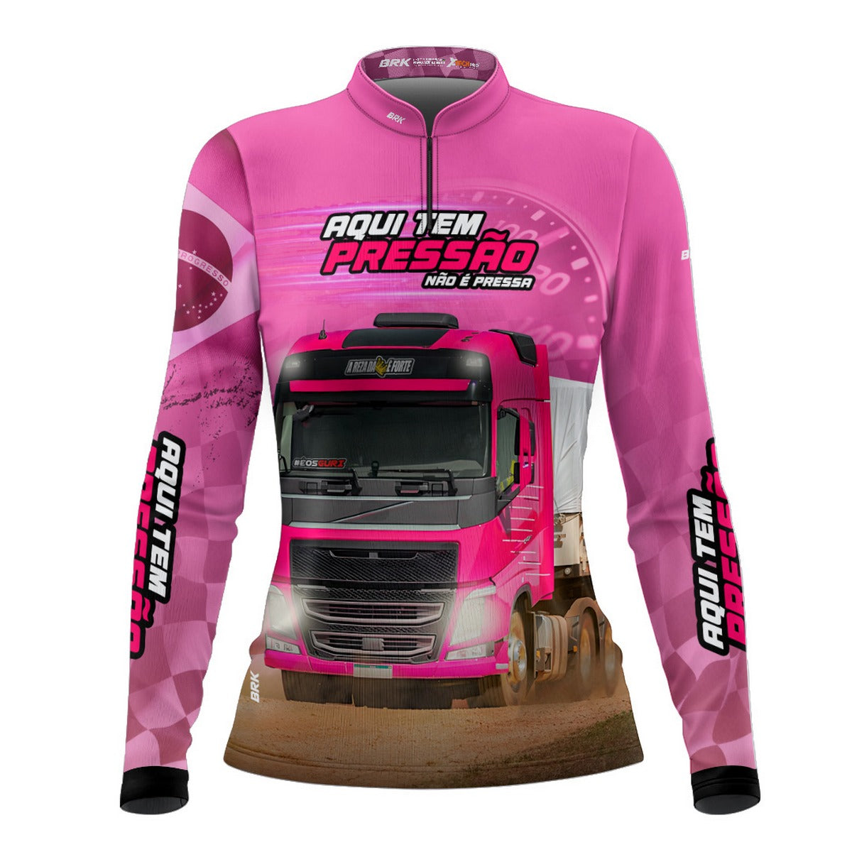 Camisa de Caminhão Feminina Brk Aqui Tem Pressão Rosa com UV50+