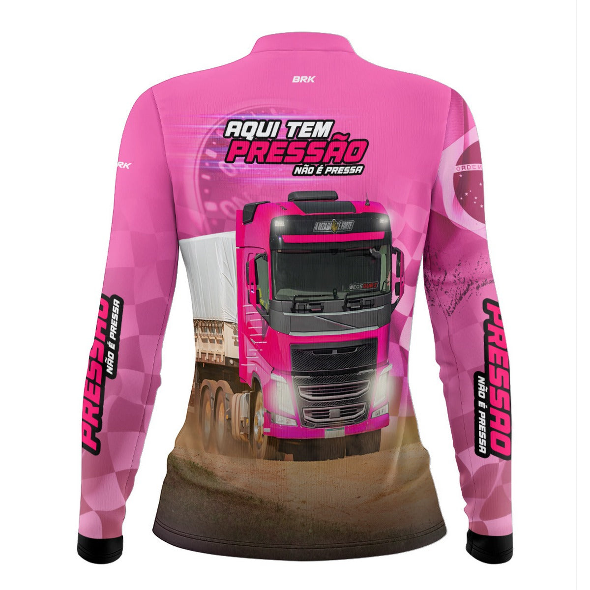 Camisa de Caminhão Feminina Brk Aqui Tem Pressão Rosa com UV50+