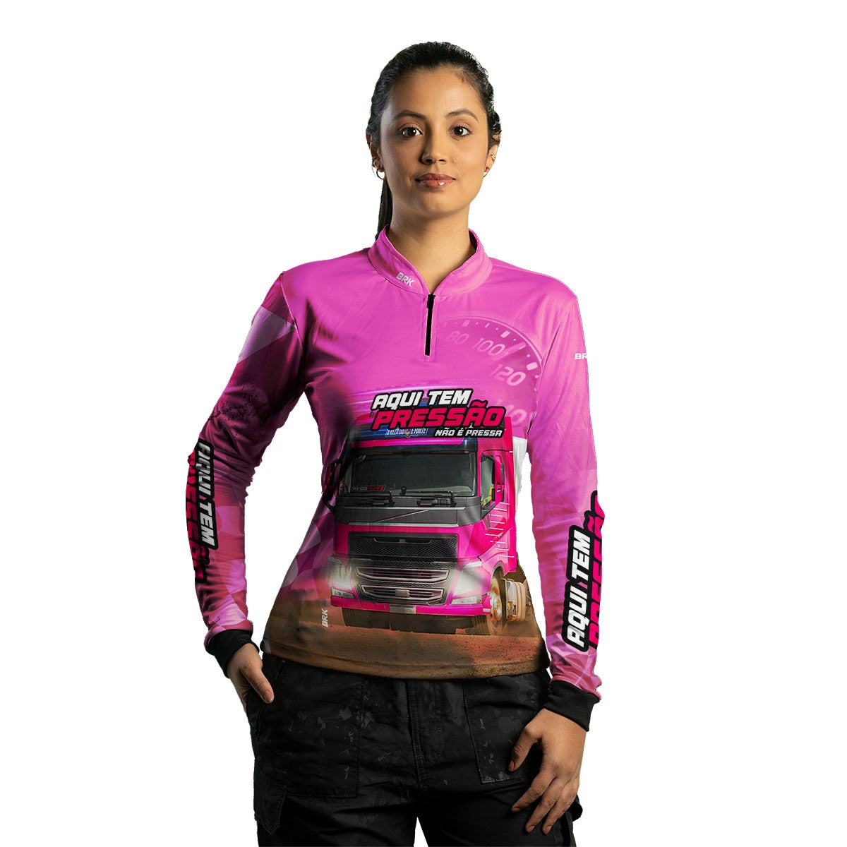 Camisa de Caminhão Feminina Brk Aqui Tem Pressão Rosa com UV50+
