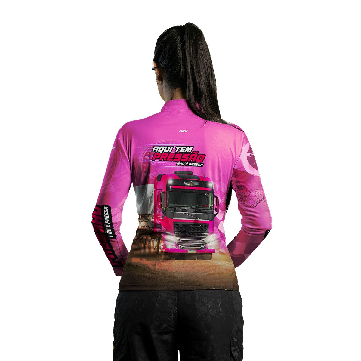 Camisa de Caminhão Feminina Brk Aqui Tem Pressão Rosa com UV50+