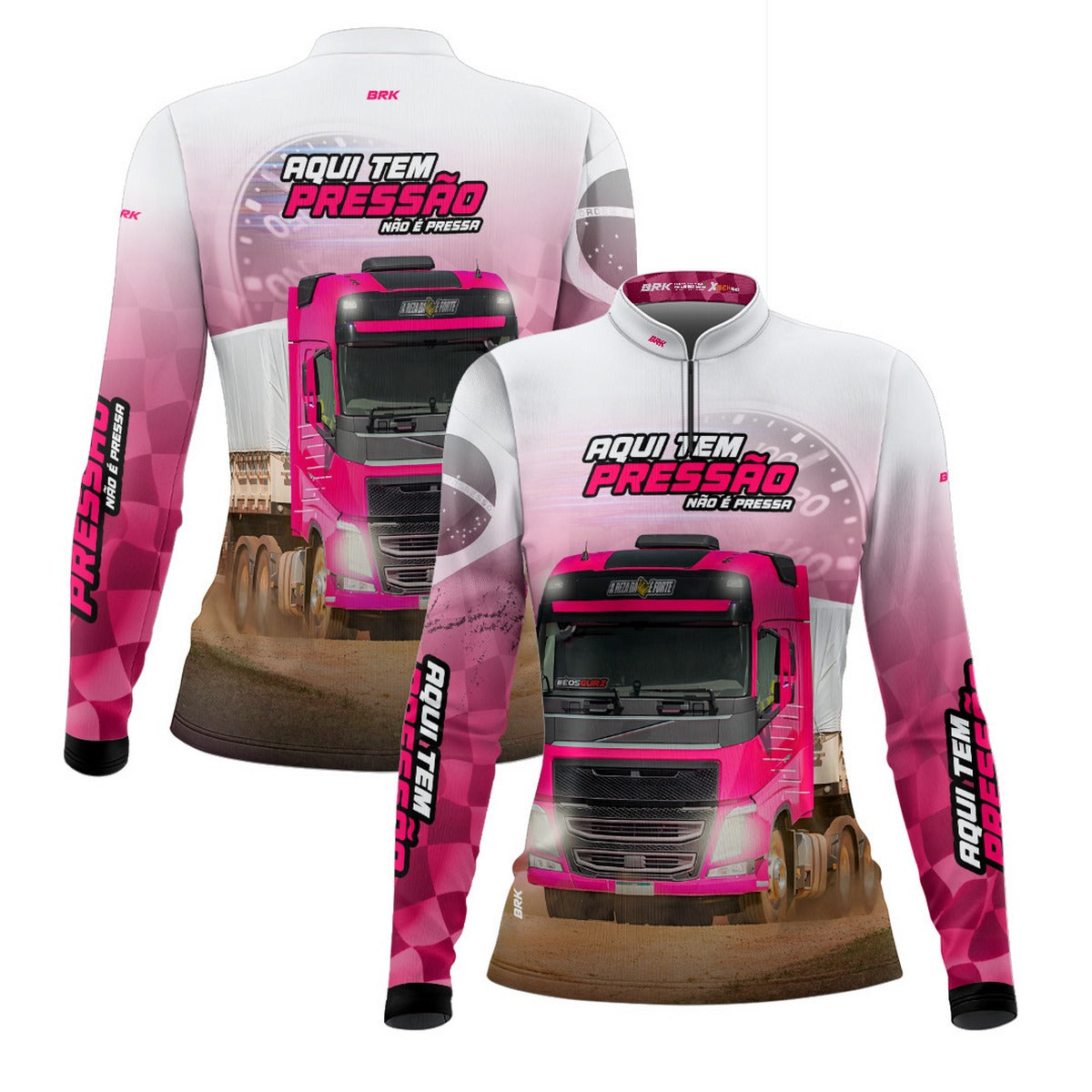 Camisa de Caminhão Feminina Brk Aqui Tem Pressão Branca e Rosa com UV50+